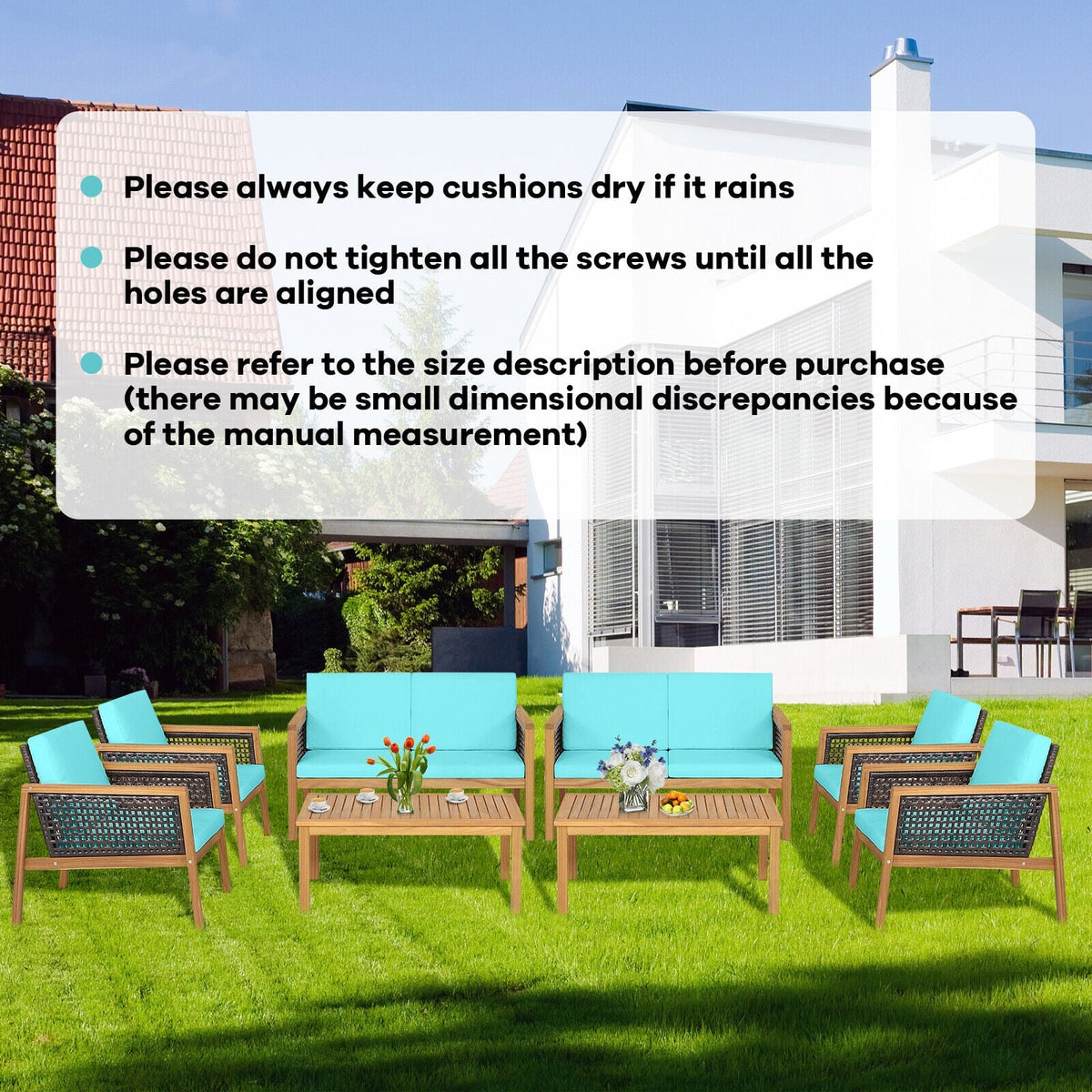 4 Pieces Patio Rattan Furniture Set with Removable Cushions-Turquoise-Patio Conversation Sets-DECOROLALA