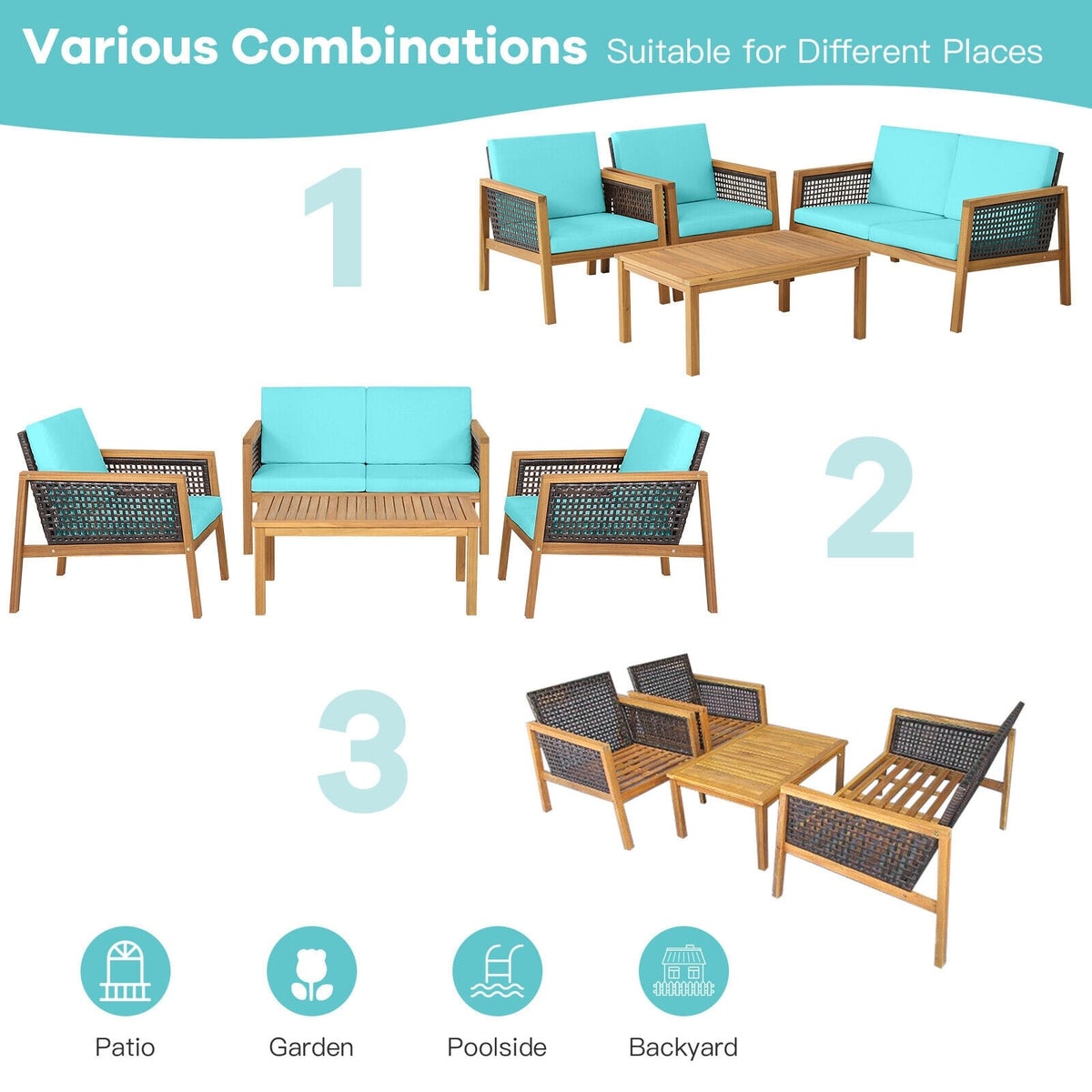 4 Pieces Patio Rattan Furniture Set with Removable Cushions-Turquoise-Patio Conversation Sets-DECOROLALA