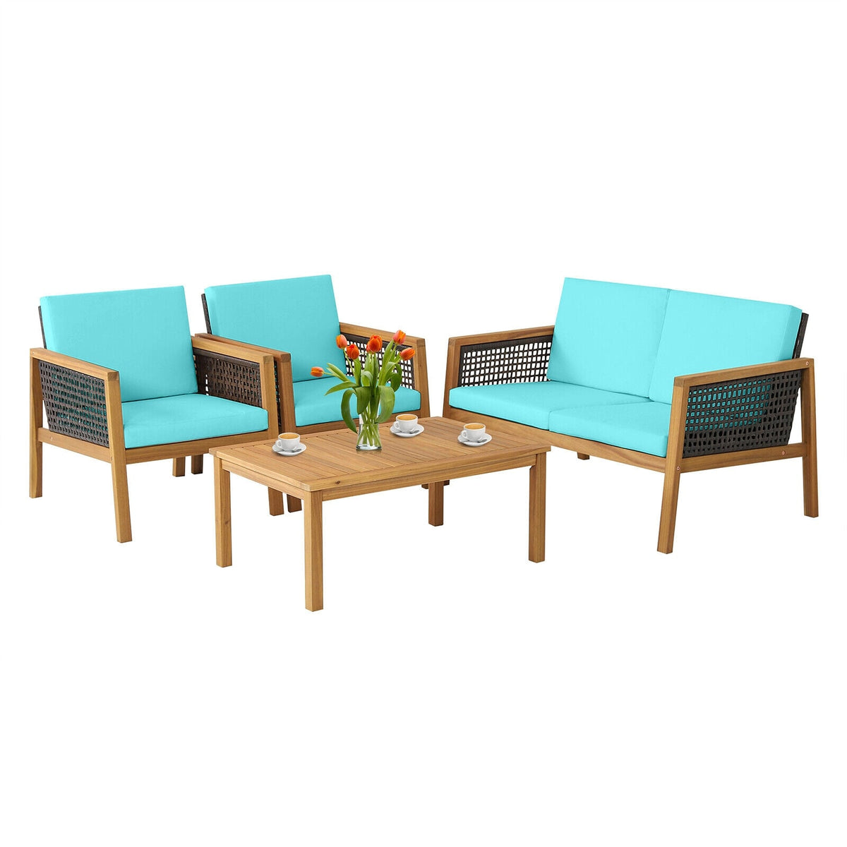 4 Pieces Patio Rattan Furniture Set with Removable Cushions-Turquoise-Patio Conversation Sets-DECOROLALA