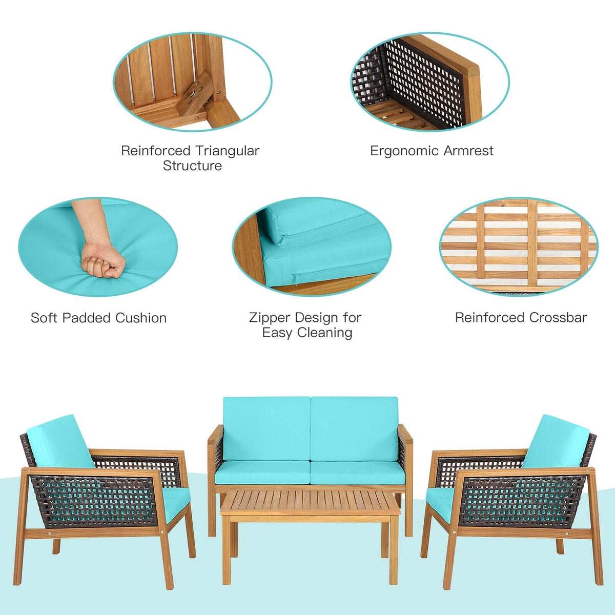 4 Pieces Patio Rattan Furniture Set with Removable Cushions-Turquoise-Patio Conversation Sets-DECOROLALA