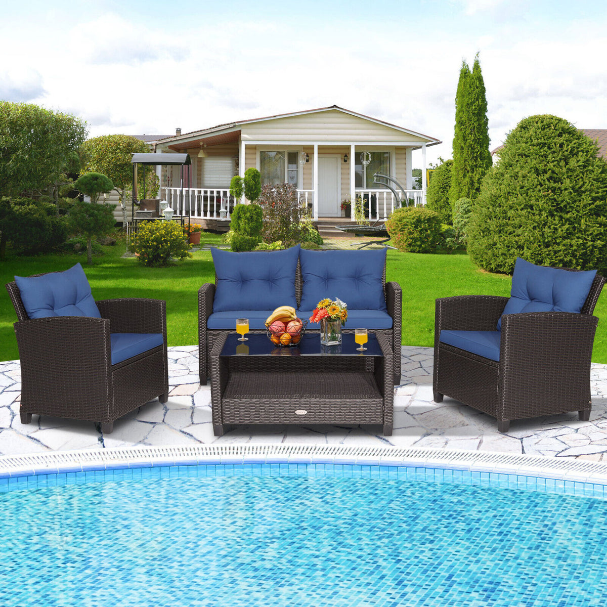 4 Pieces Patio Rattan Furniture Set with Tempered Glass Coffee Table-Navy-Patio Conversation Sets-DECOROLALA