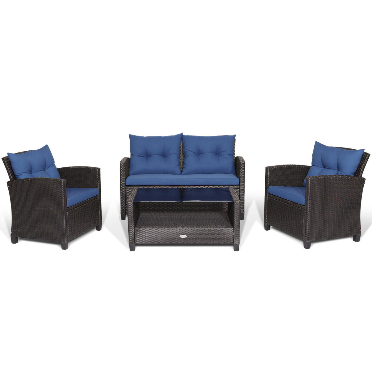 4 Pieces Patio Rattan Furniture Set with Tempered Glass Coffee Table-Navy-Patio Conversation Sets-DECOROLALA