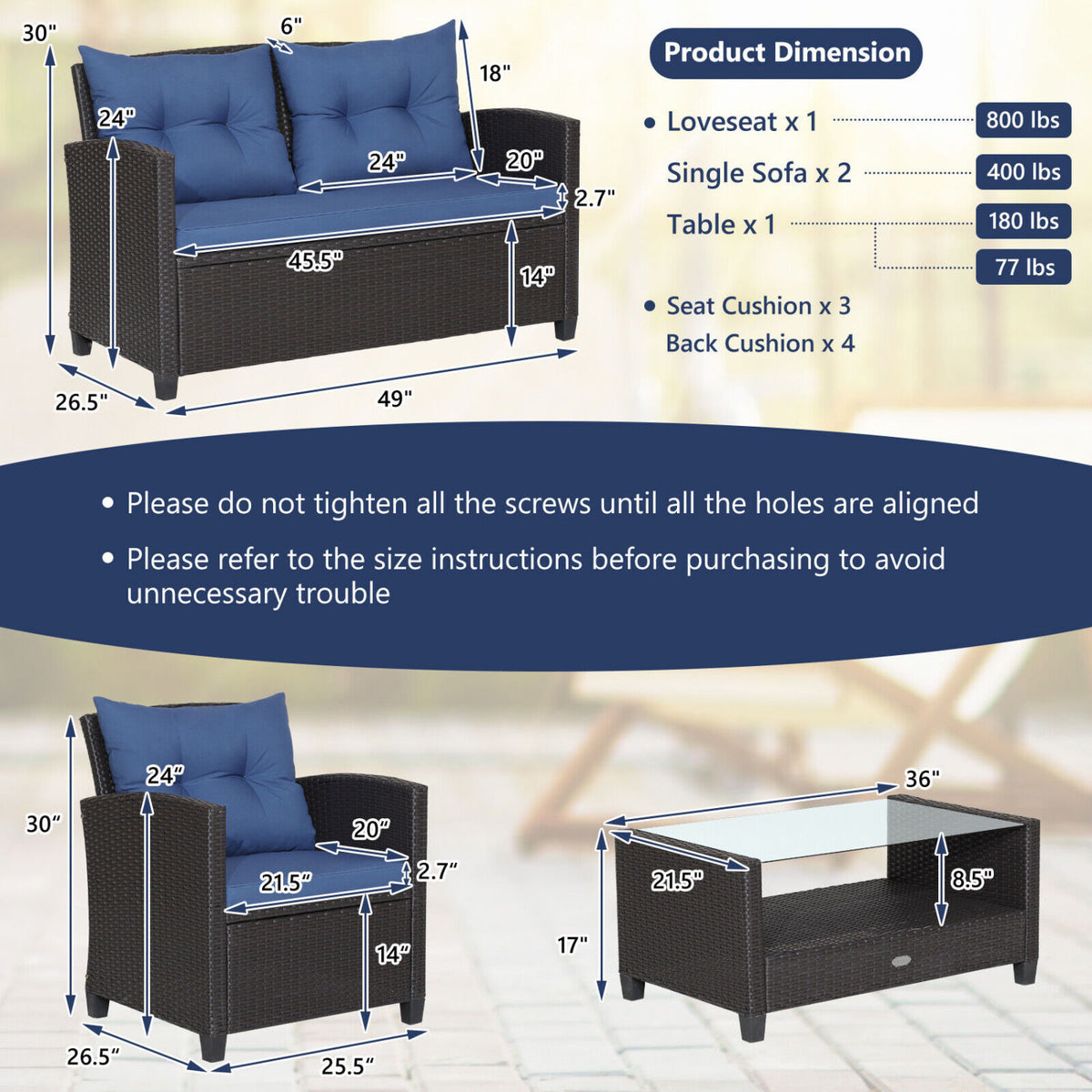 4 Pieces Patio Rattan Furniture Set with Tempered Glass Coffee Table-Navy-Patio Conversation Sets-DECOROLALA