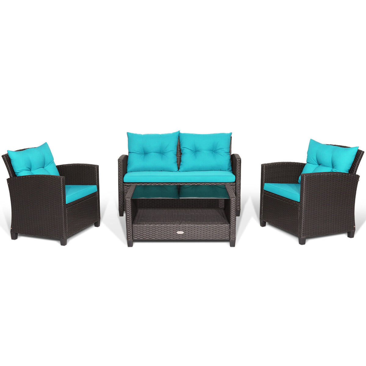 4 Pieces Patio Rattan Furniture Set with Tempered Glass Coffee Table-Turquoise-Patio Conversation Sets-DECOROLALA