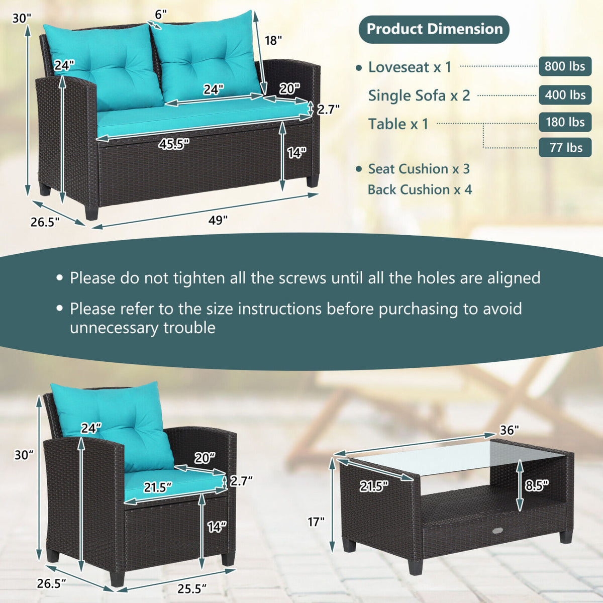 4 Pieces Patio Rattan Furniture Set with Tempered Glass Coffee Table-Turquoise-Patio Conversation Sets-DECOROLALA