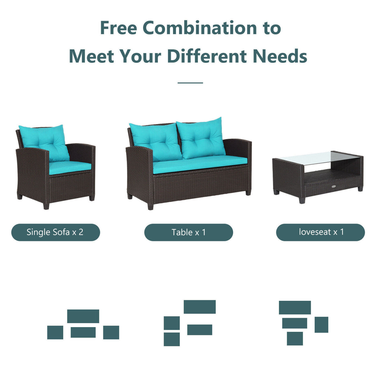 4 Pieces Patio Rattan Furniture Set with Tempered Glass Coffee Table-Turquoise-Patio Conversation Sets-DECOROLALA