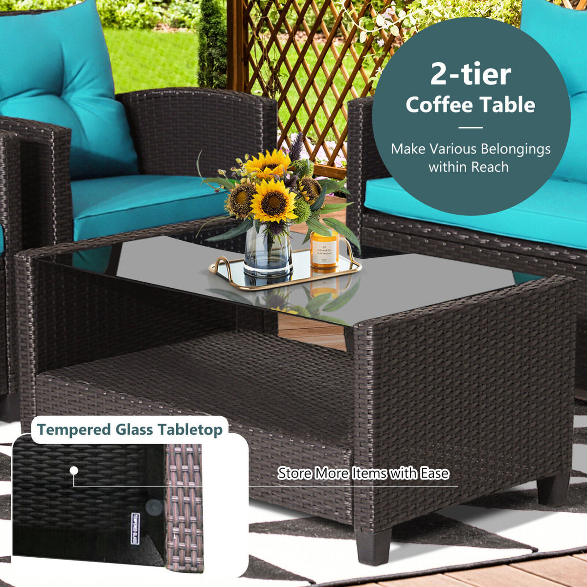 4 Pieces Patio Rattan Furniture Set with Tempered Glass Coffee Table-Turquoise-Patio Conversation Sets-DECOROLALA