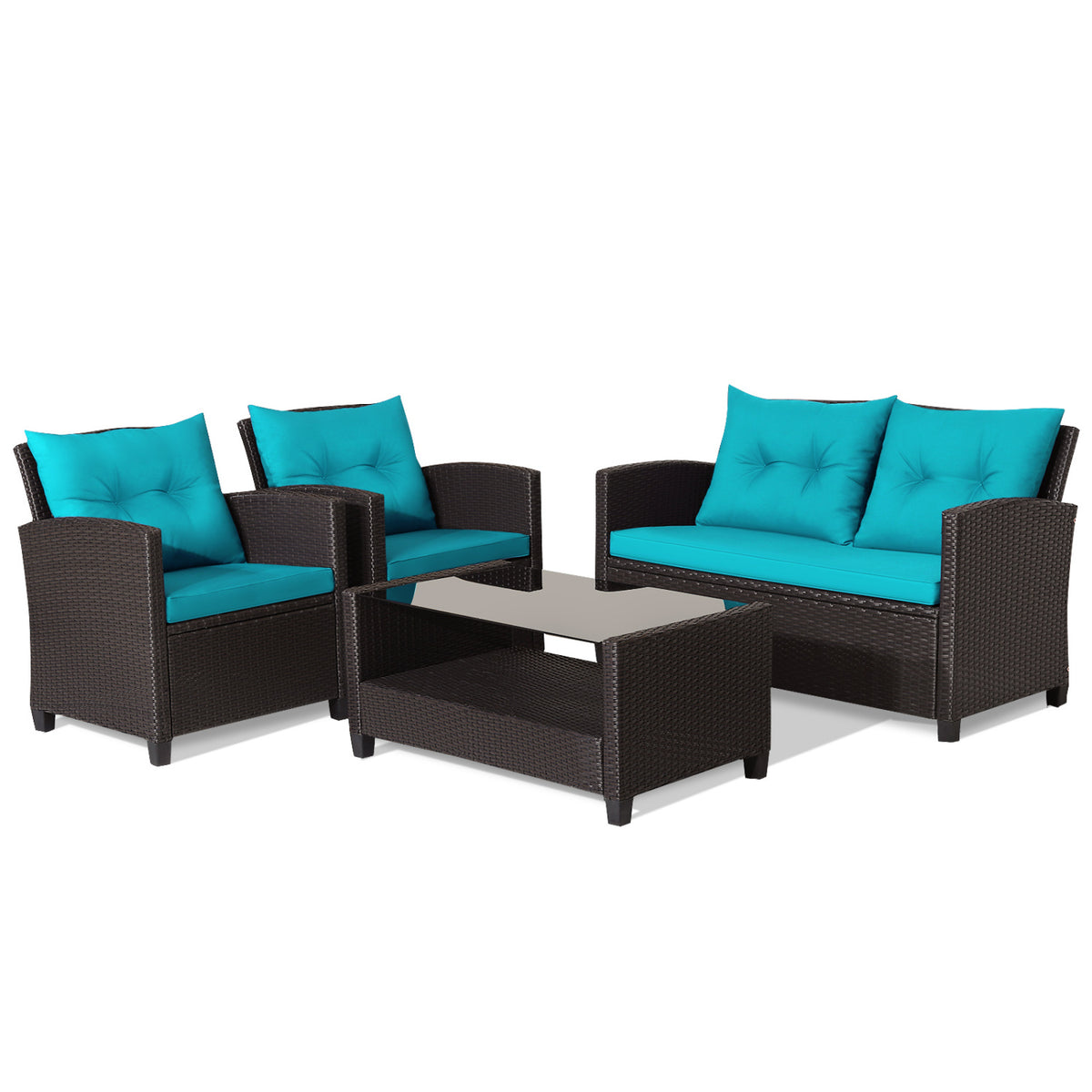 4 Pieces Patio Rattan Furniture Set with Tempered Glass Coffee Table-Turquoise-Patio Conversation Sets-DECOROLALA