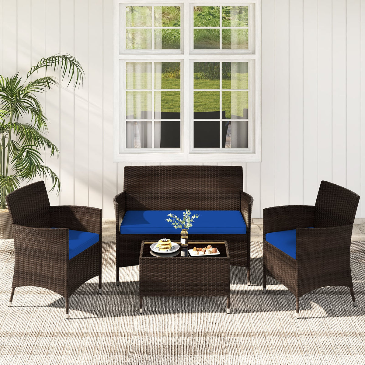 4 Pieces Rattan Sofa Set with Glass Table and Comfortable Wicker for Outdoor Patio-Navy-Patio Furniture Sets-DECOROLALA