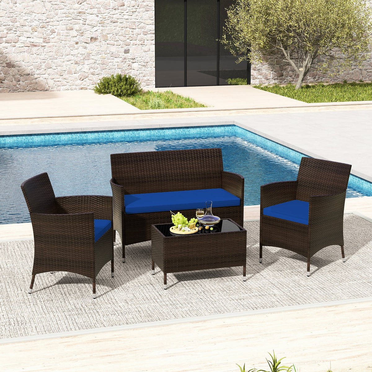 4 Pieces Rattan Sofa Set with Glass Table and Comfortable Wicker for Outdoor Patio-Navy-Patio Furniture Sets-DECOROLALA