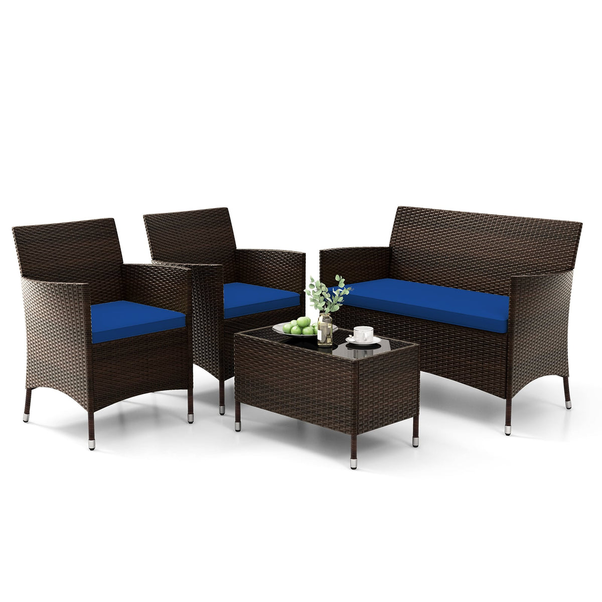 4 Pieces Rattan Sofa Set with Glass Table and Comfortable Wicker for Outdoor Patio-Navy-Patio Furniture Sets-DECOROLALA