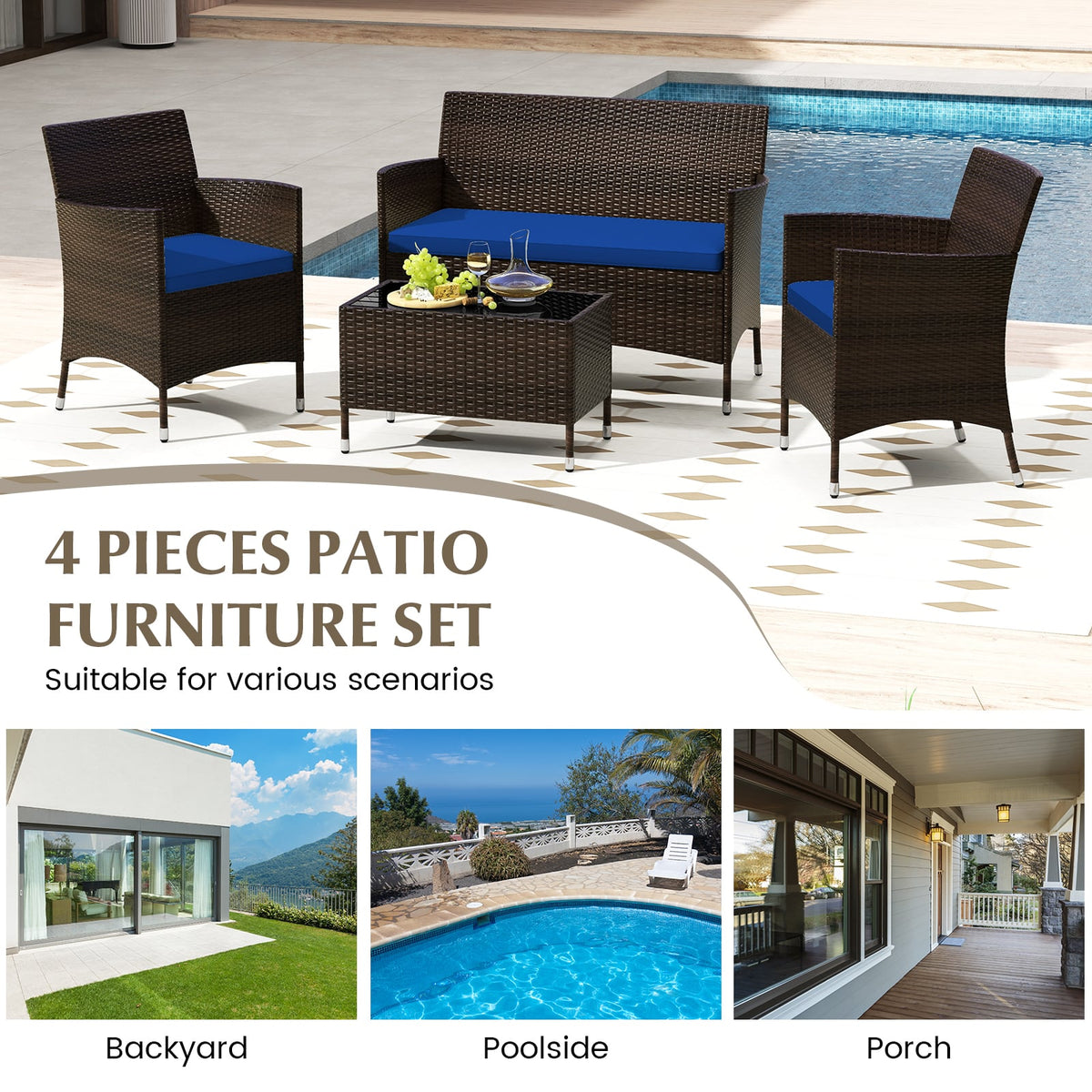 4 Pieces Rattan Sofa Set with Glass Table and Comfortable Wicker for Outdoor Patio-Navy-Patio Furniture Sets-DECOROLALA