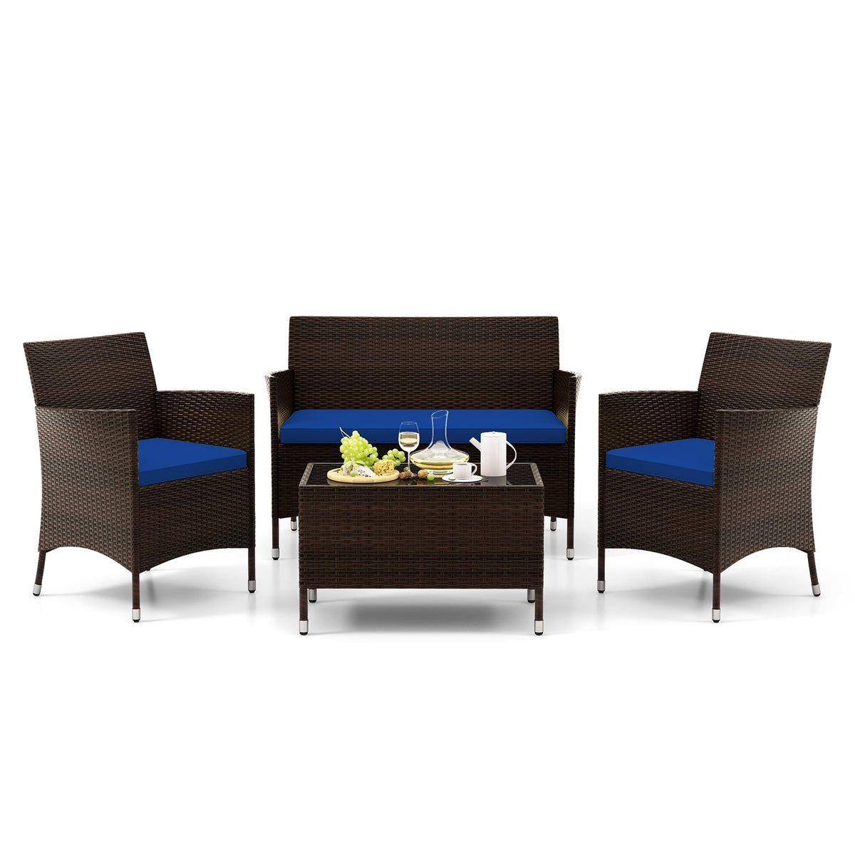 4 Pieces Rattan Sofa Set with Glass Table and Comfortable Wicker for Outdoor Patio-Navy-Patio Furniture Sets-DECOROLALA