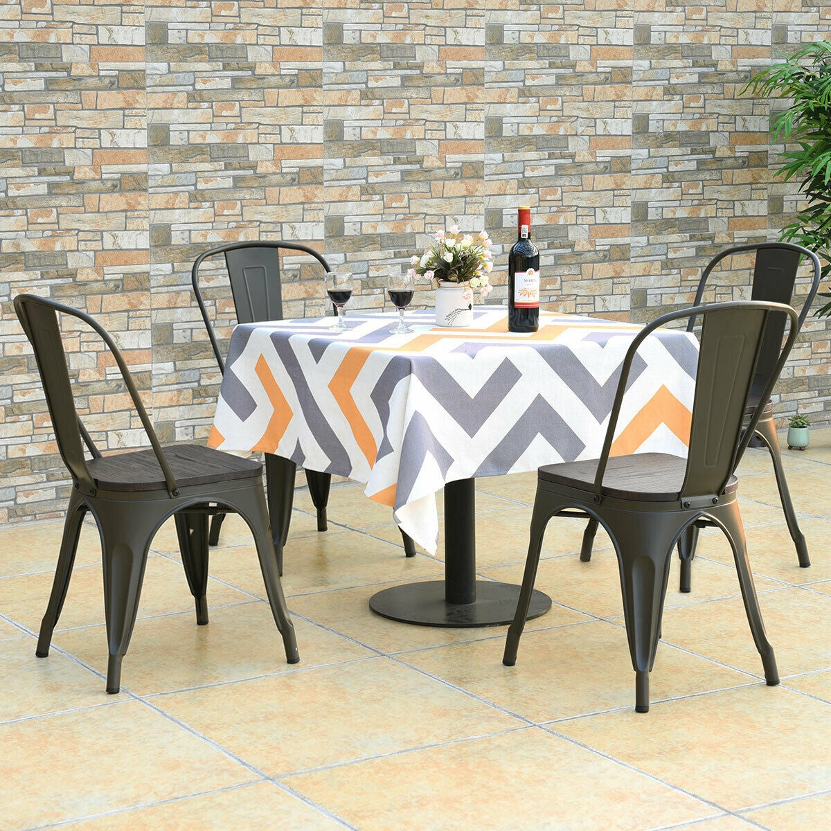 4 Pieces Tolix Style Metal Dining Side Chair Stackable Wood Seat-Black-Dining Chairs-DECOROLALA