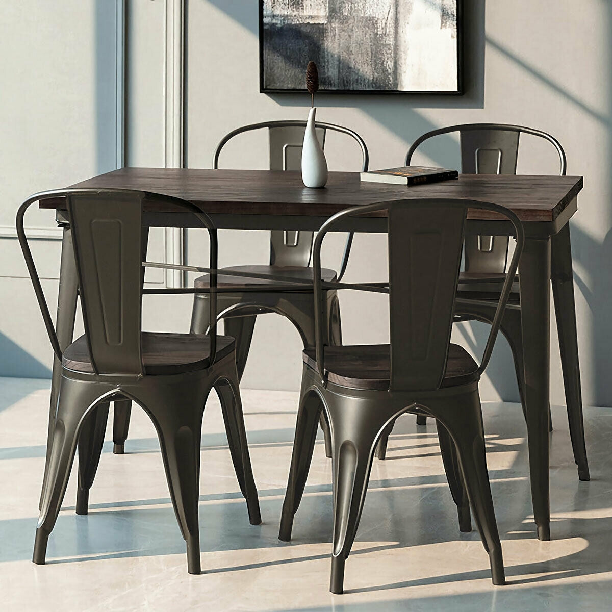 4 Pieces Tolix Style Metal Dining Side Chair Stackable Wood Seat-Black-Dining Chairs-DECOROLALA