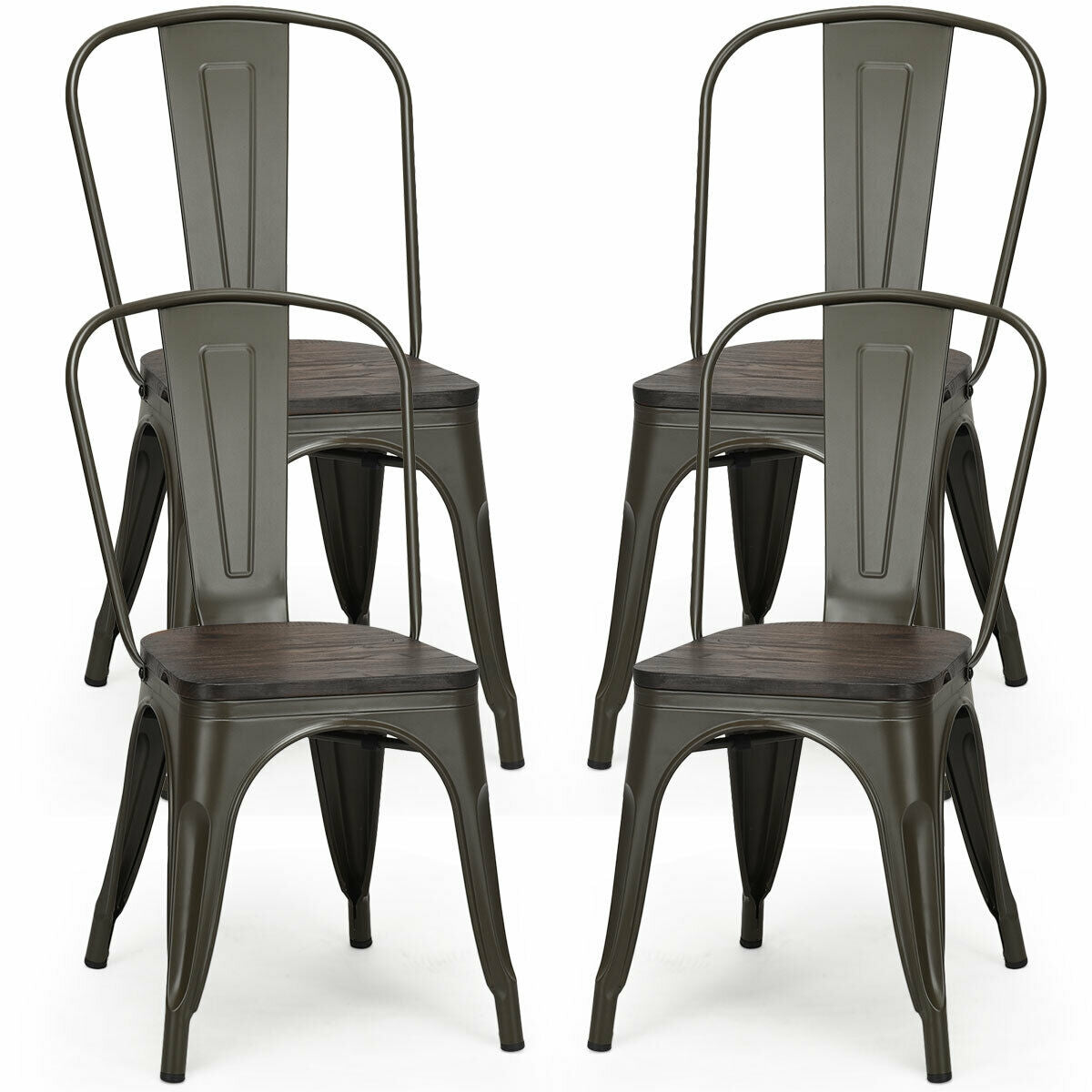 4 Pieces Tolix Style Metal Dining Side Chair Stackable Wood Seat-Black-Dining Chairs-DECOROLALA