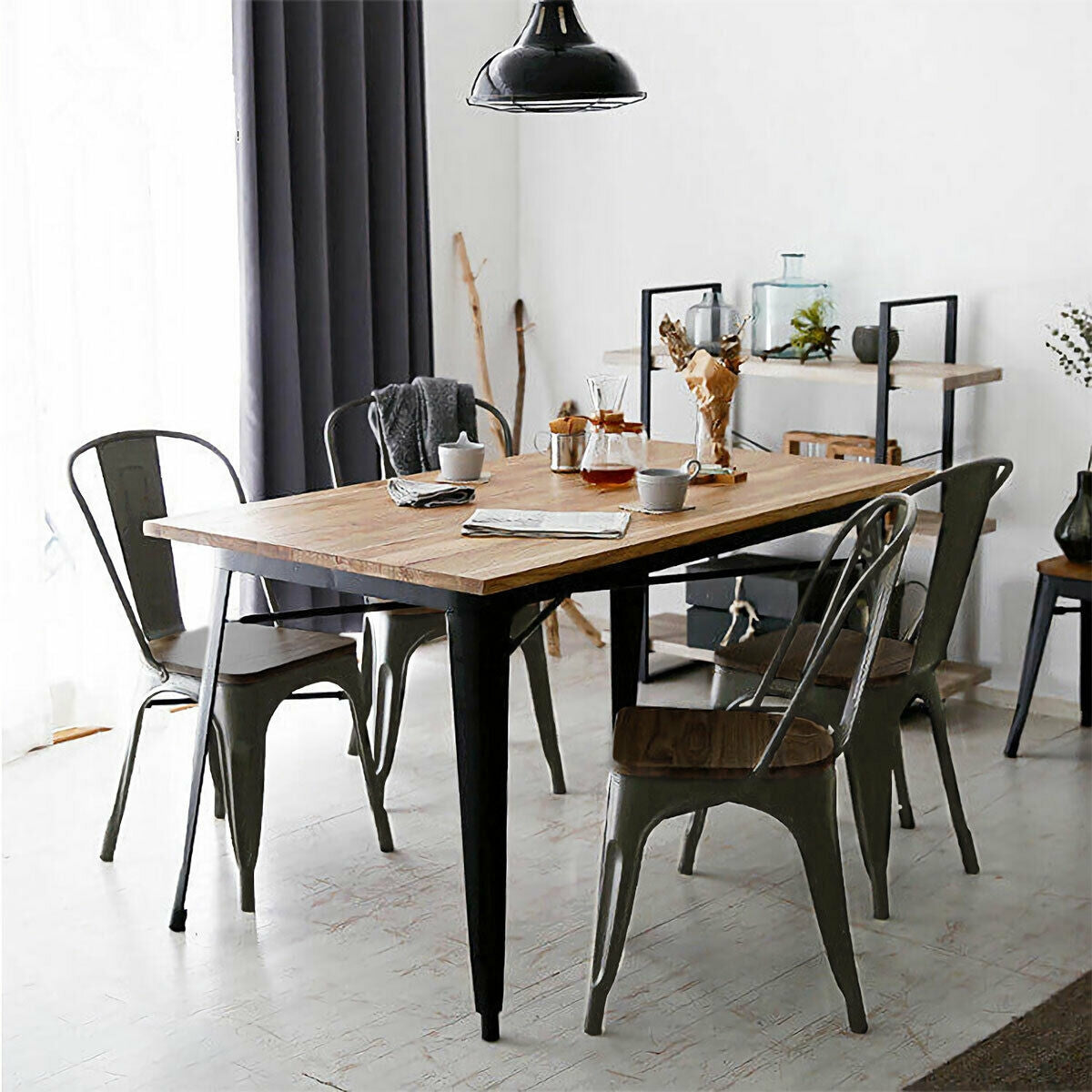 4 Pieces Tolix Style Metal Dining Side Chair Stackable Wood Seat-Black-Dining Chairs-DECOROLALA
