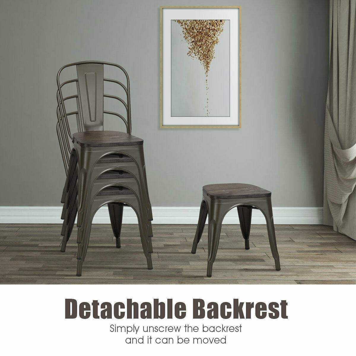 4 Pieces Tolix Style Metal Dining Side Chair Stackable Wood Seat-Black-Dining Chairs-DECOROLALA