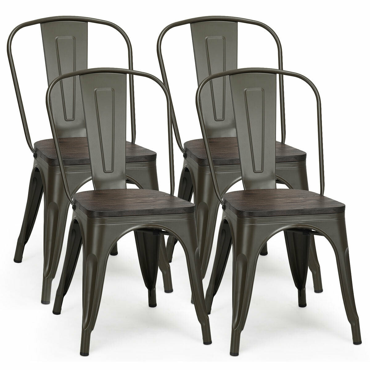 4 Pieces Tolix Style Metal Dining Side Chair Stackable Wood Seat-Black-Dining Chairs-DECOROLALA