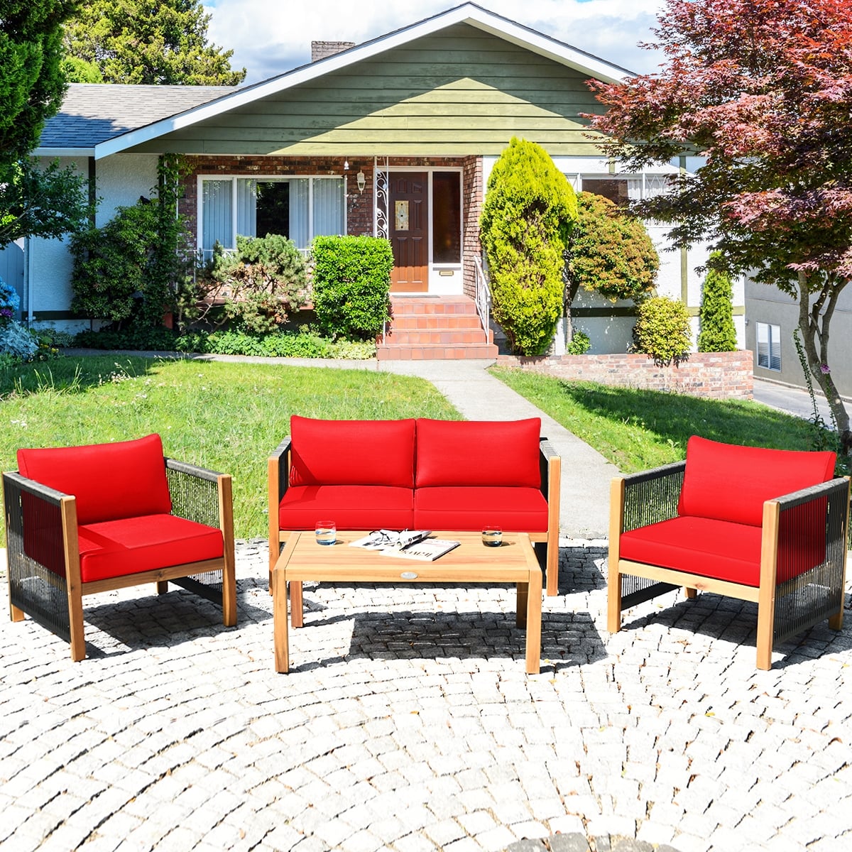 4 Pieces Wood Outdoor Patio Furniture Set with Cushions for Garden-Red-Patio Furniture Sets-DECOROLALA