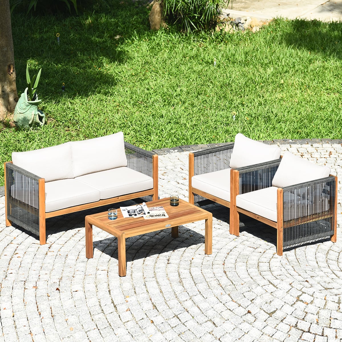 4 Pieces Wood Outdoor Patio Furniture Set with Cushions for Garden-Red-Patio Furniture Sets-DECOROLALA