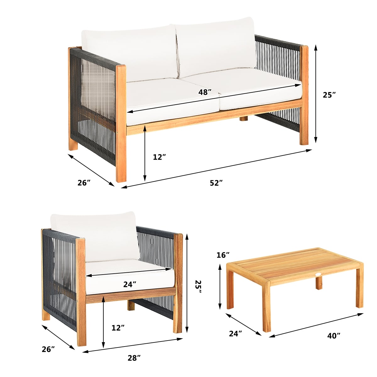 4 Pieces Wood Outdoor Patio Furniture Set with Cushions for Garden-Red-Patio Furniture Sets-DECOROLALA