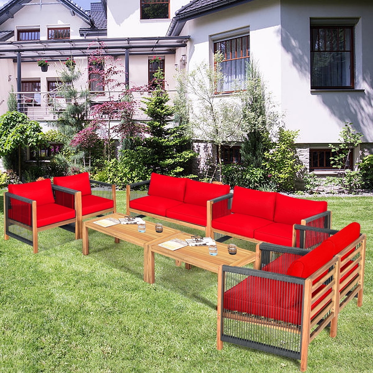 4 Pieces Wood Outdoor Patio Furniture Set with Cushions for Garden-Red-Patio Furniture Sets-DECOROLALA