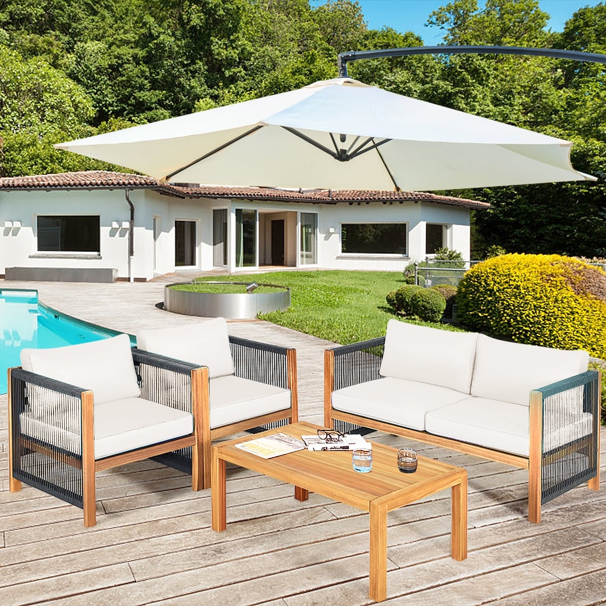 4 Pieces Wood Outdoor Patio Furniture Set with Cushions for Garden-Red-Patio Furniture Sets-DECOROLALA
