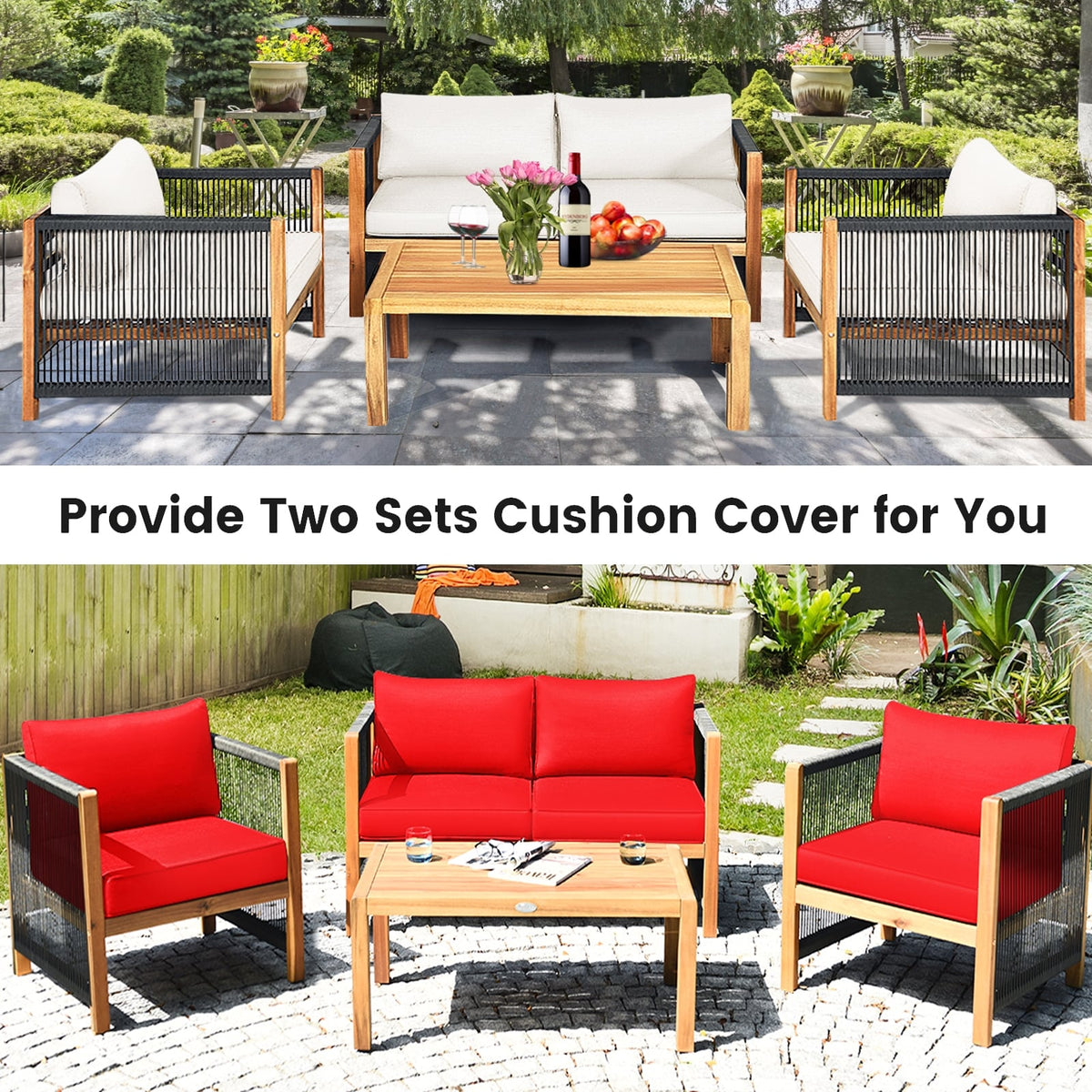 4 Pieces Wood Outdoor Patio Furniture Set with Cushions for Garden-Red-Patio Furniture Sets-DECOROLALA