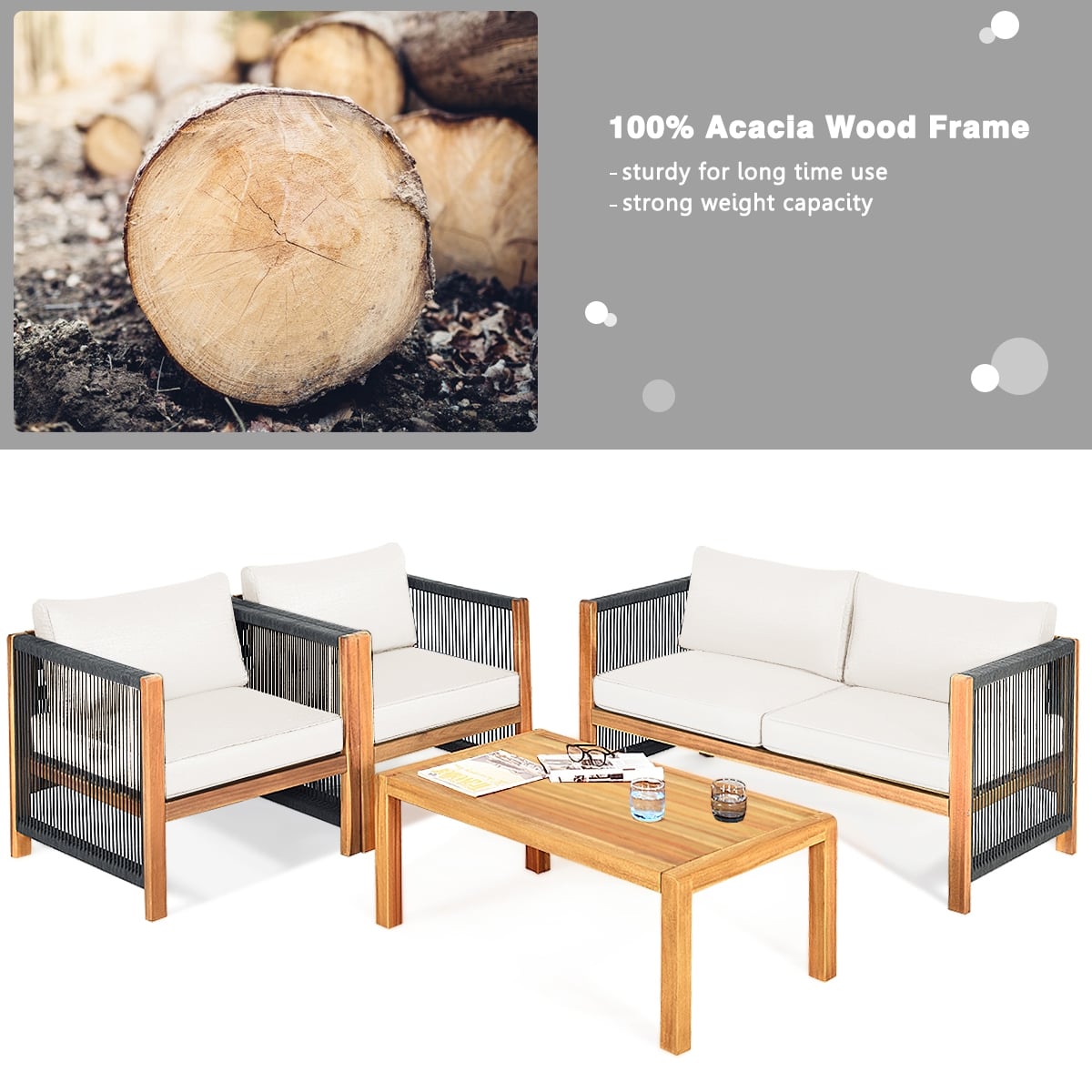 4 Pieces Wood Outdoor Patio Furniture Set with Cushions for Garden-Red-Patio Furniture Sets-DECOROLALA