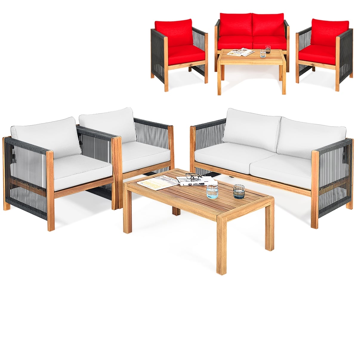 4 Pieces Wood Outdoor Patio Furniture Set with Cushions for Garden-Red-Patio Furniture Sets-DECOROLALA