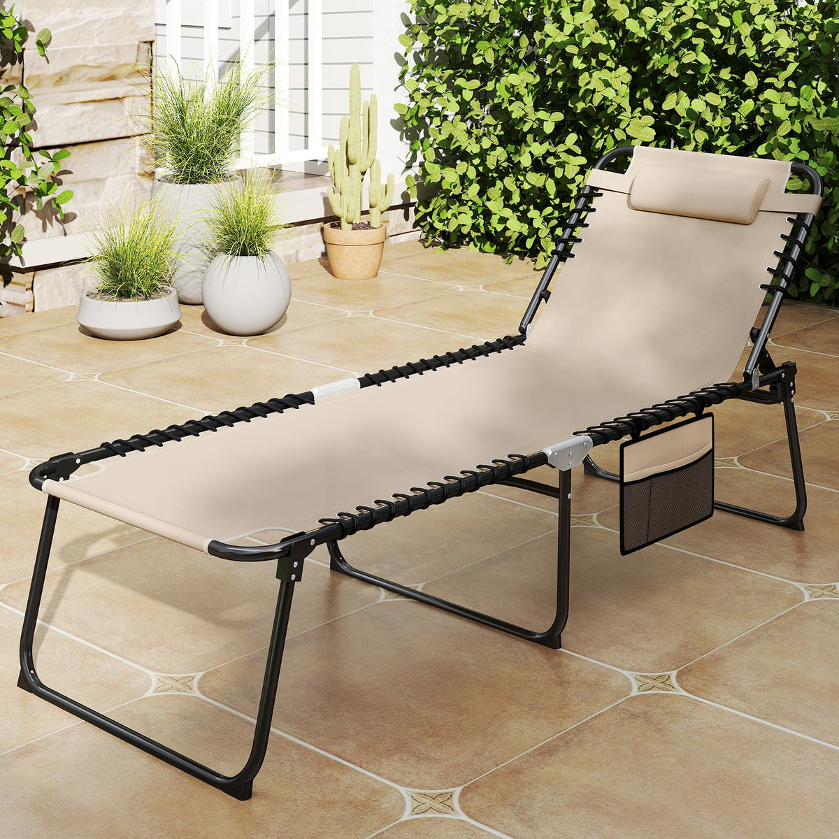 4 Position Folding Lounge Chaise with Adjustable Backrest and Footrest-Beige-Outdoor Chairs & Seating-DECOROLALA
