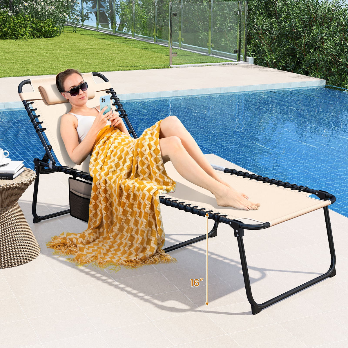 4 Position Folding Lounge Chaise with Adjustable Backrest and Footrest-Beige-Outdoor Chairs & Seating-DECOROLALA