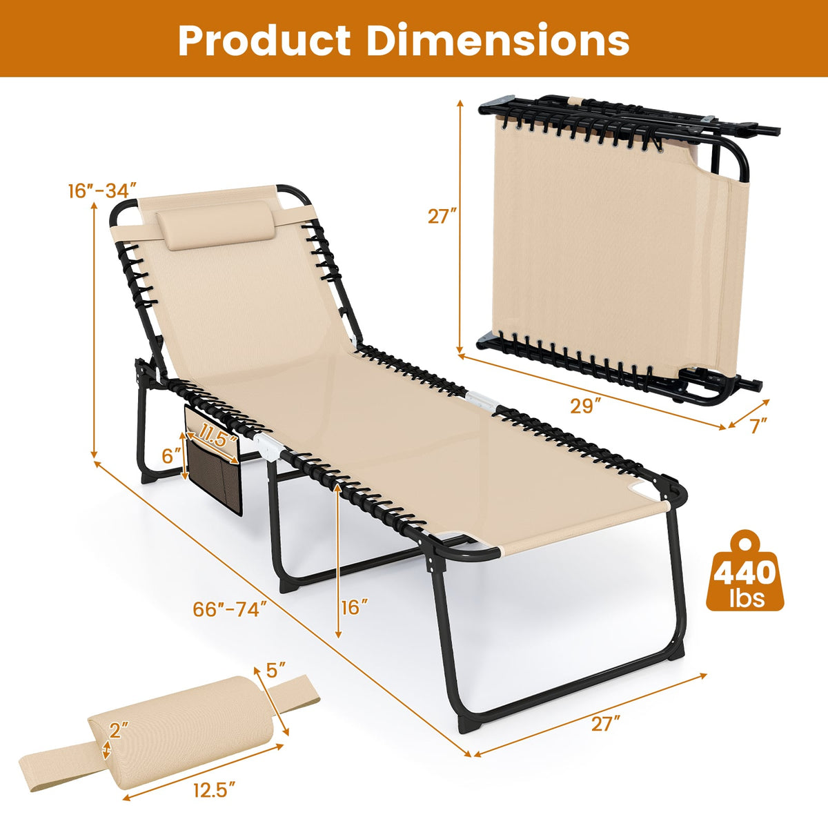 4 Position Folding Lounge Chaise with Adjustable Backrest and Footrest-Beige-Outdoor Chairs & Seating-DECOROLALA