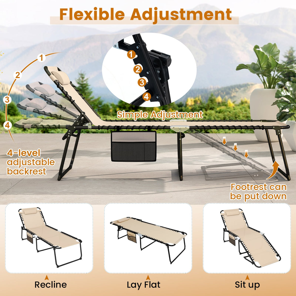 4 Position Folding Lounge Chaise with Adjustable Backrest and Footrest-Beige-Outdoor Chairs & Seating-DECOROLALA