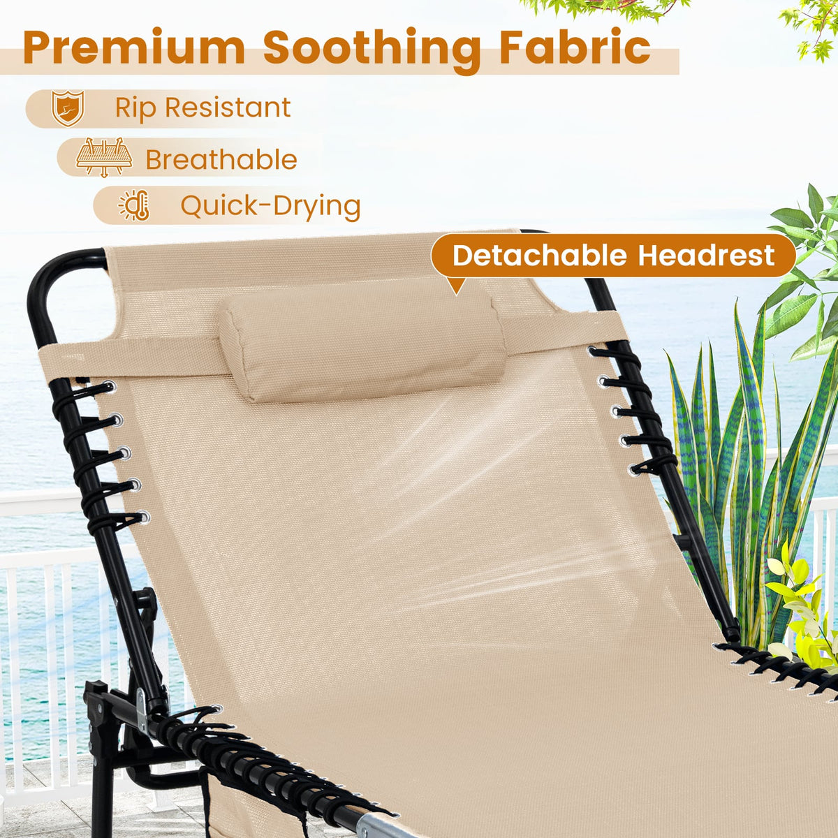 4 Position Folding Lounge Chaise with Adjustable Backrest and Footrest-Beige-Outdoor Chairs & Seating-DECOROLALA