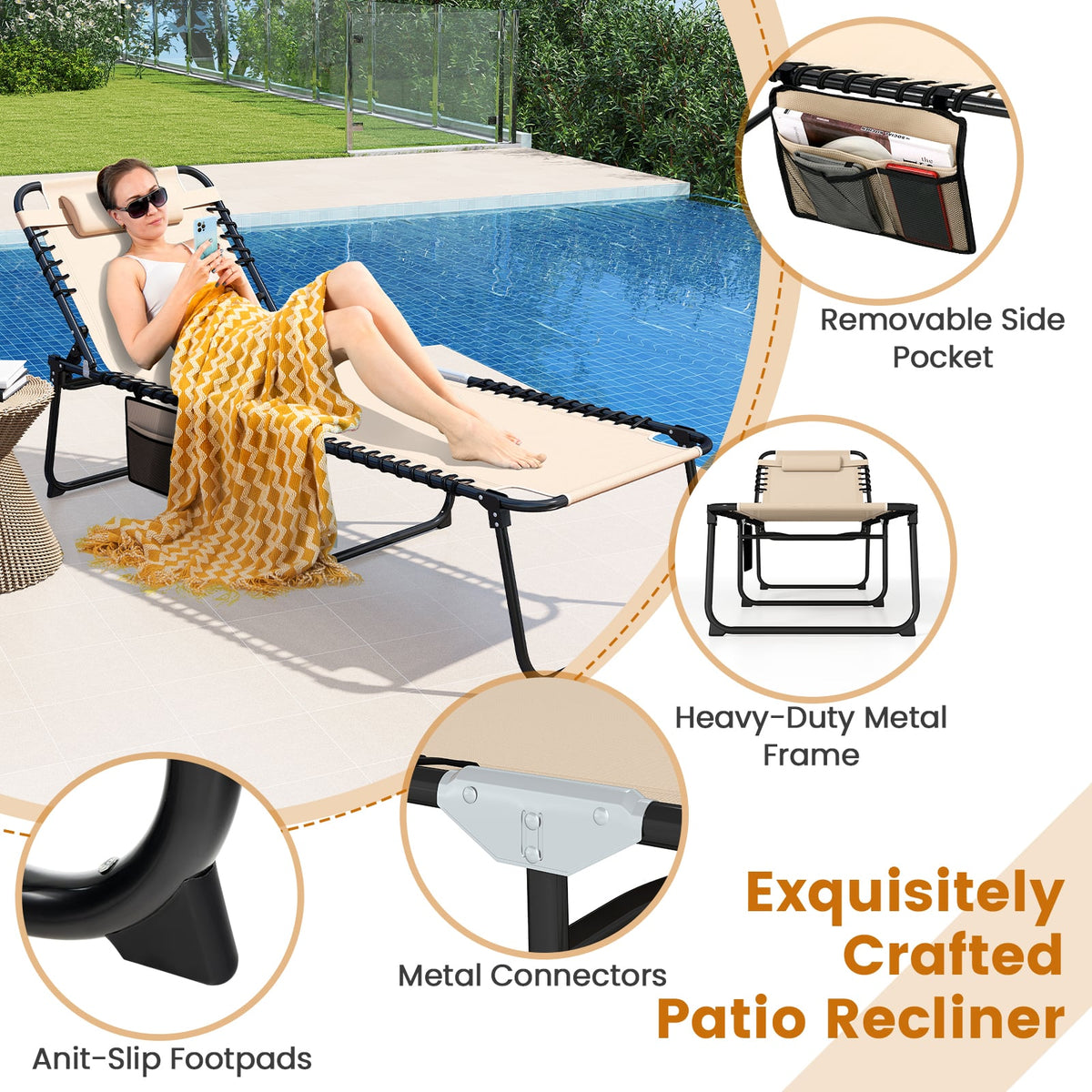 4 Position Folding Lounge Chaise with Adjustable Backrest and Footrest-Beige-Outdoor Chairs & Seating-DECOROLALA