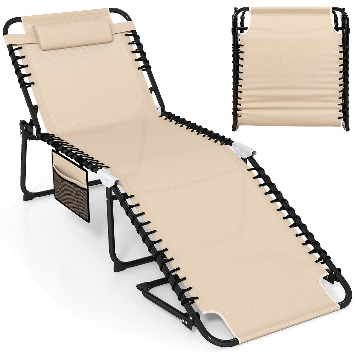 4 Position Folding Lounge Chaise with Adjustable Backrest and Footrest-Beige-Outdoor Chairs & Seating-DECOROLALA