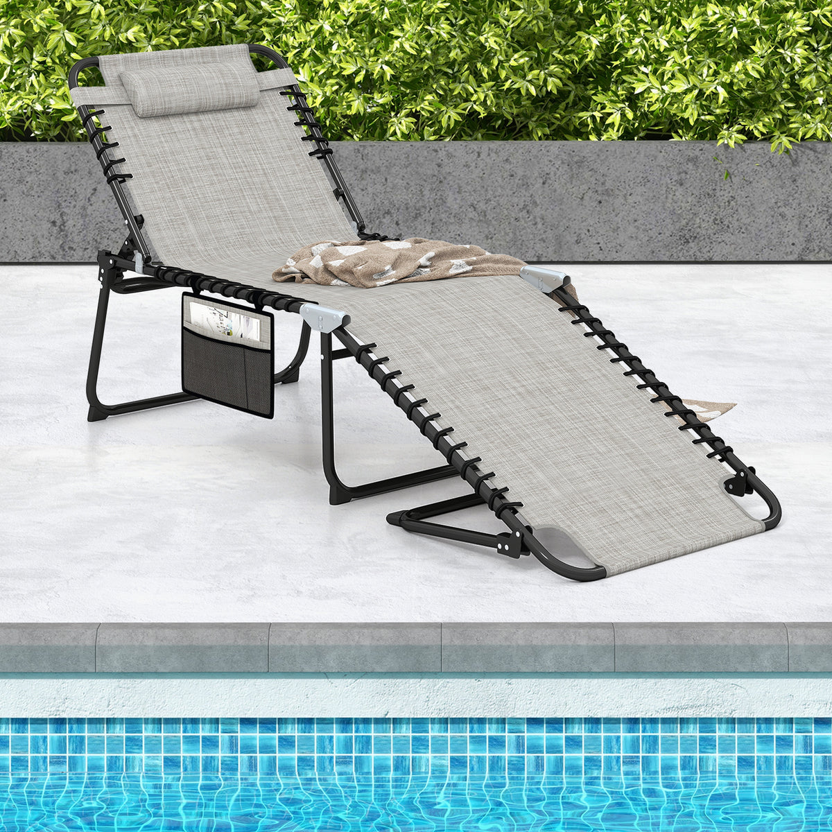 4 Position Folding Lounge Chaise with Adjustable Backrest and Footrest-Gray-Outdoor Chairs & Seating-DECOROLALA
