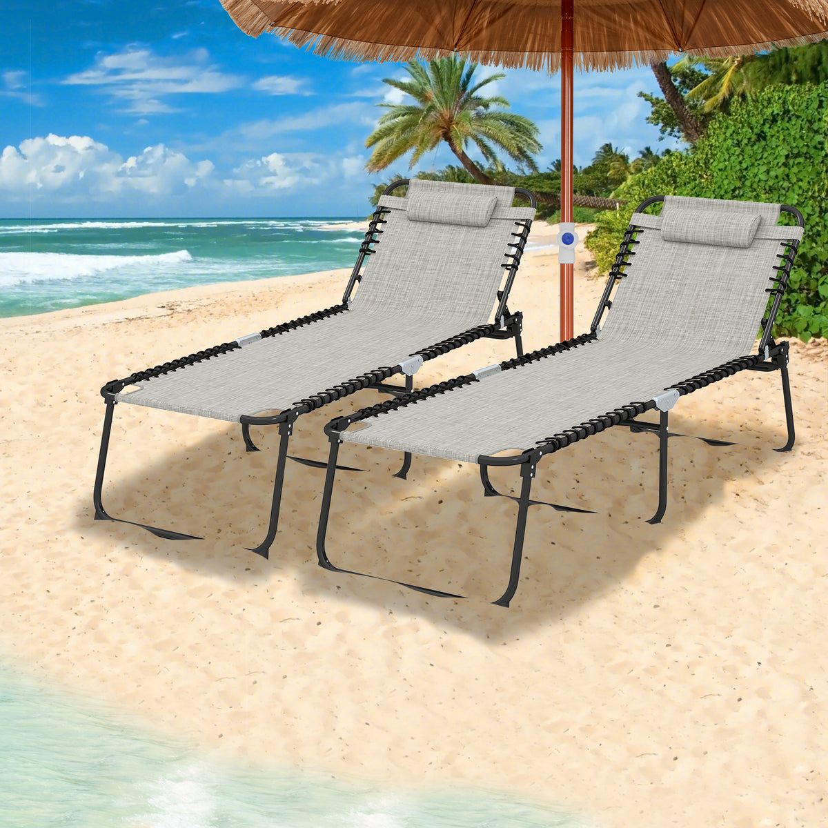 4 Position Folding Lounge Chaise with Adjustable Backrest and Footrest-Gray-Outdoor Chairs & Seating-DECOROLALA