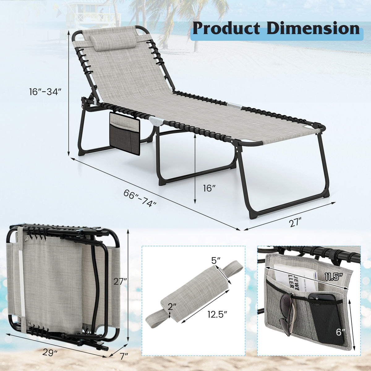 4 Position Folding Lounge Chaise with Adjustable Backrest and Footrest-Gray-Outdoor Chairs & Seating-DECOROLALA