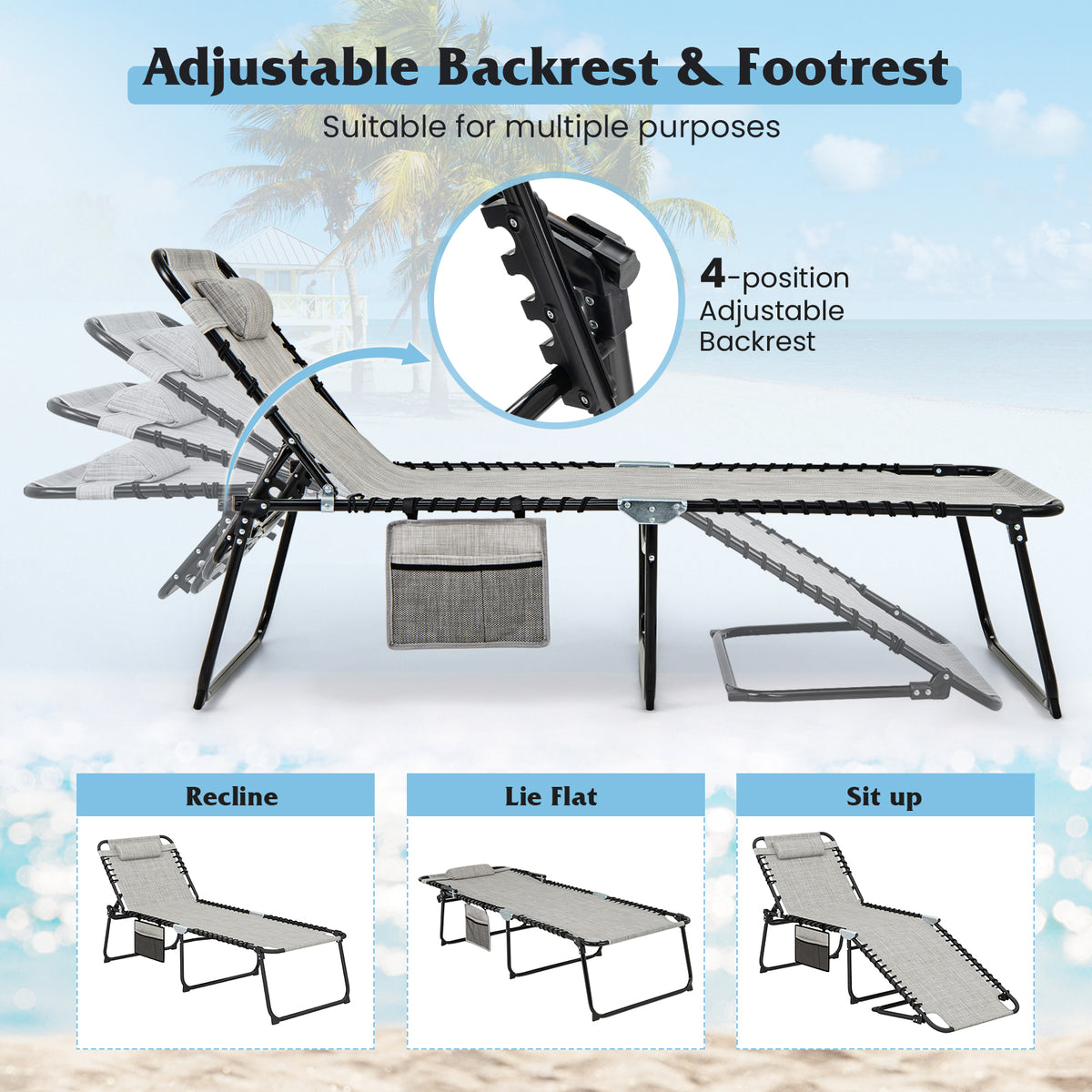 4 Position Folding Lounge Chaise with Adjustable Backrest and Footrest-Gray-Outdoor Chairs & Seating-DECOROLALA