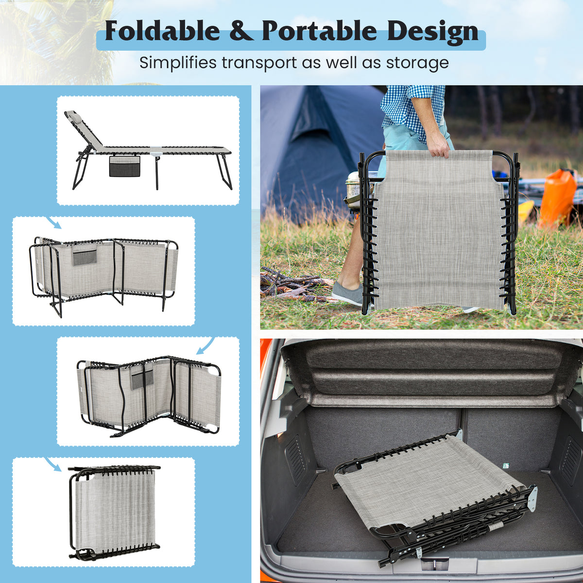4 Position Folding Lounge Chaise with Adjustable Backrest and Footrest-Gray-Outdoor Chairs & Seating-DECOROLALA