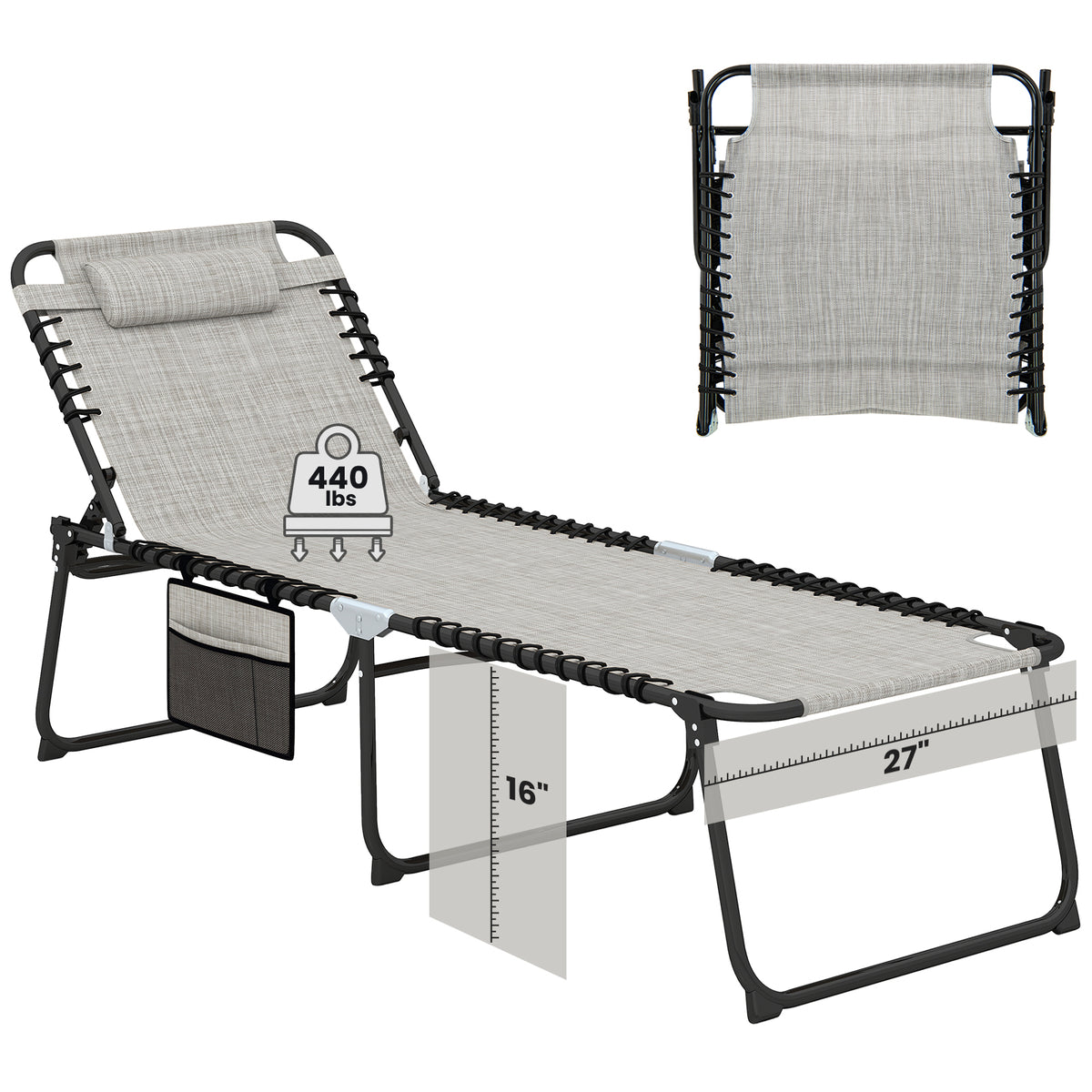 4 Position Folding Lounge Chaise with Adjustable Backrest and Footrest-Gray-Outdoor Chairs & Seating-DECOROLALA