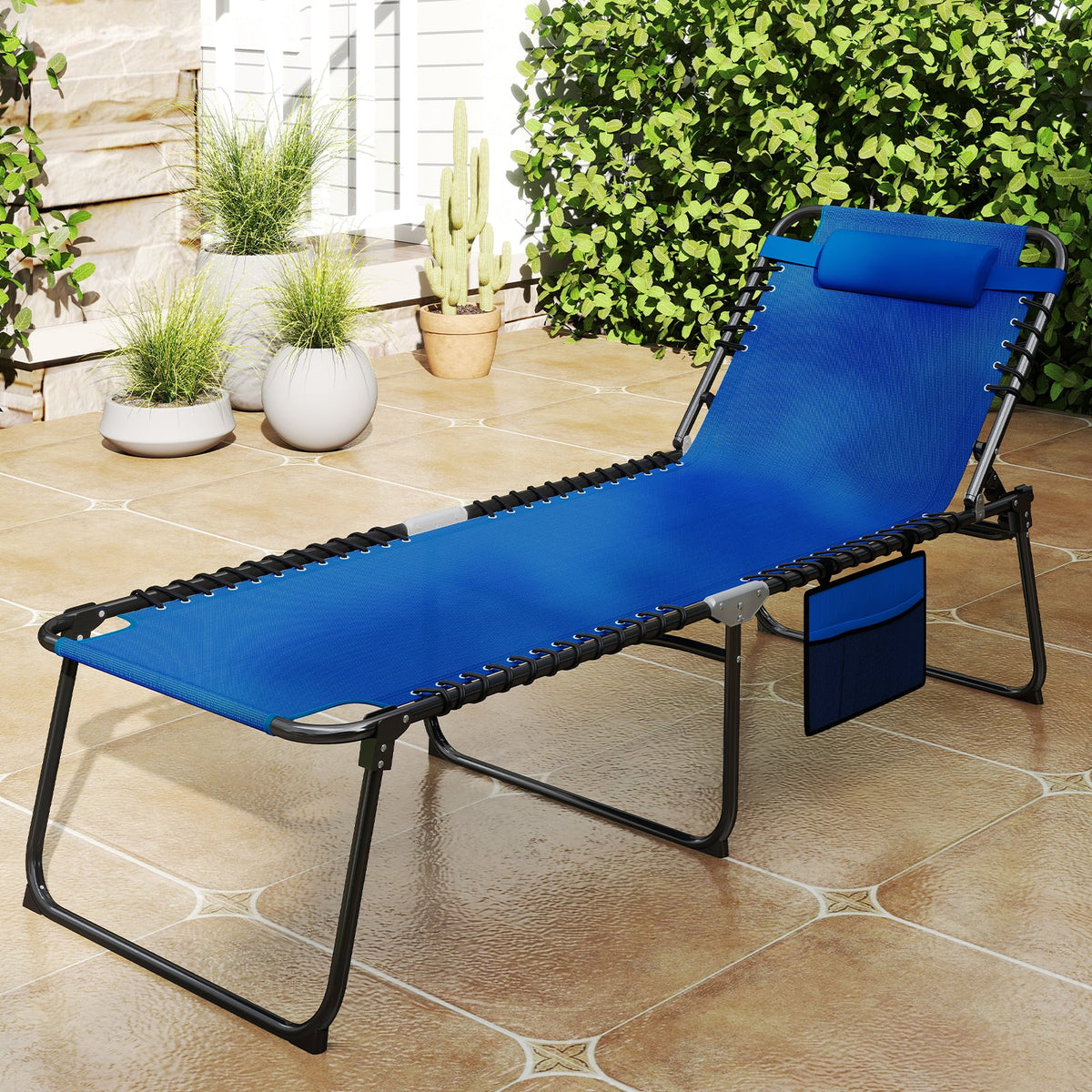 4 Position Folding Lounge Chaise with Adjustable Backrest and Footrest-Navy-Outdoor Chairs & Seating-DECOROLALA