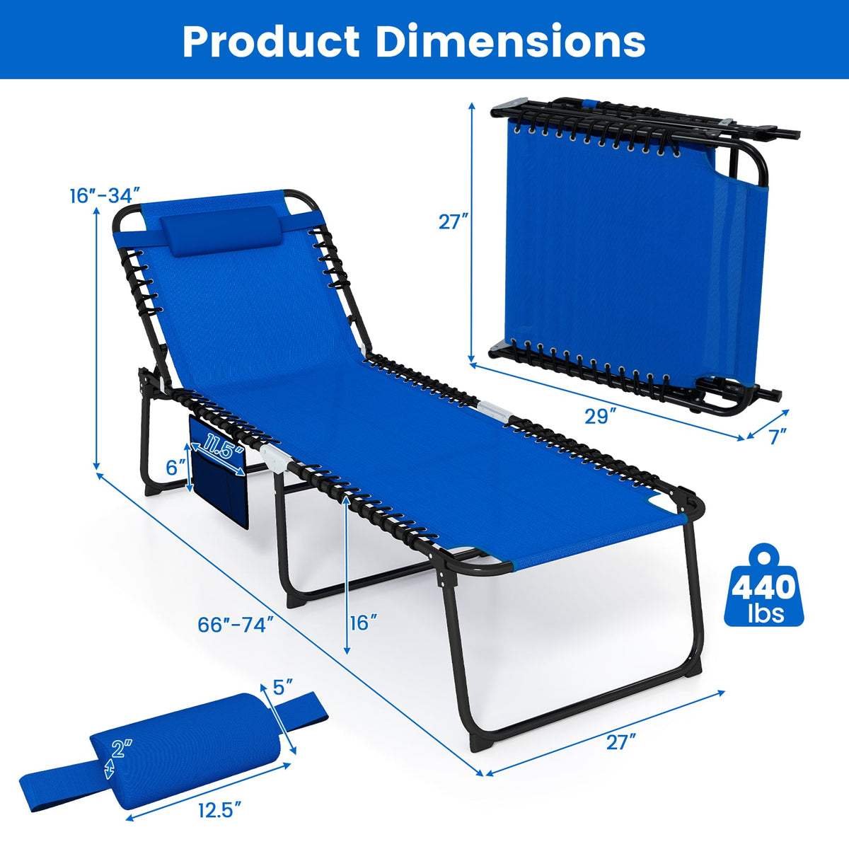 4 Position Folding Lounge Chaise with Adjustable Backrest and Footrest-Navy-Outdoor Chairs & Seating-DECOROLALA