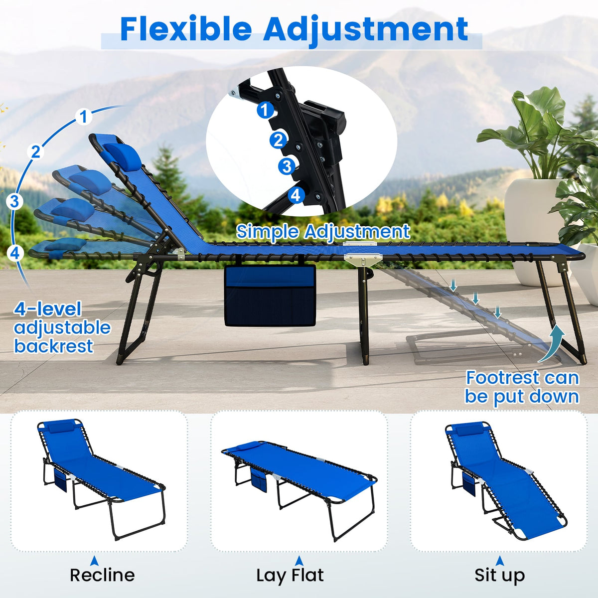 4 Position Folding Lounge Chaise with Adjustable Backrest and Footrest-Navy-Outdoor Chairs & Seating-DECOROLALA