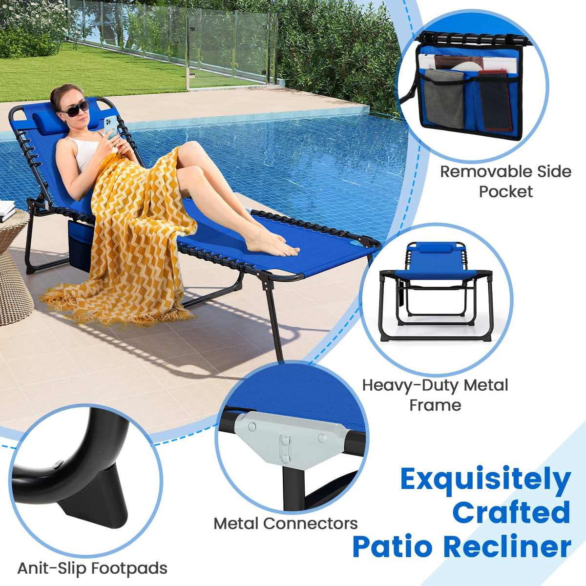 4 Position Folding Lounge Chaise with Adjustable Backrest and Footrest-Navy-Outdoor Chairs & Seating-DECOROLALA