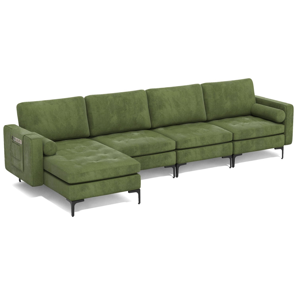 4-Seat L-Shaped Modular Sectional Sofa - Army Green Suede USB-Sofas & Loveseats-DECOROLALA