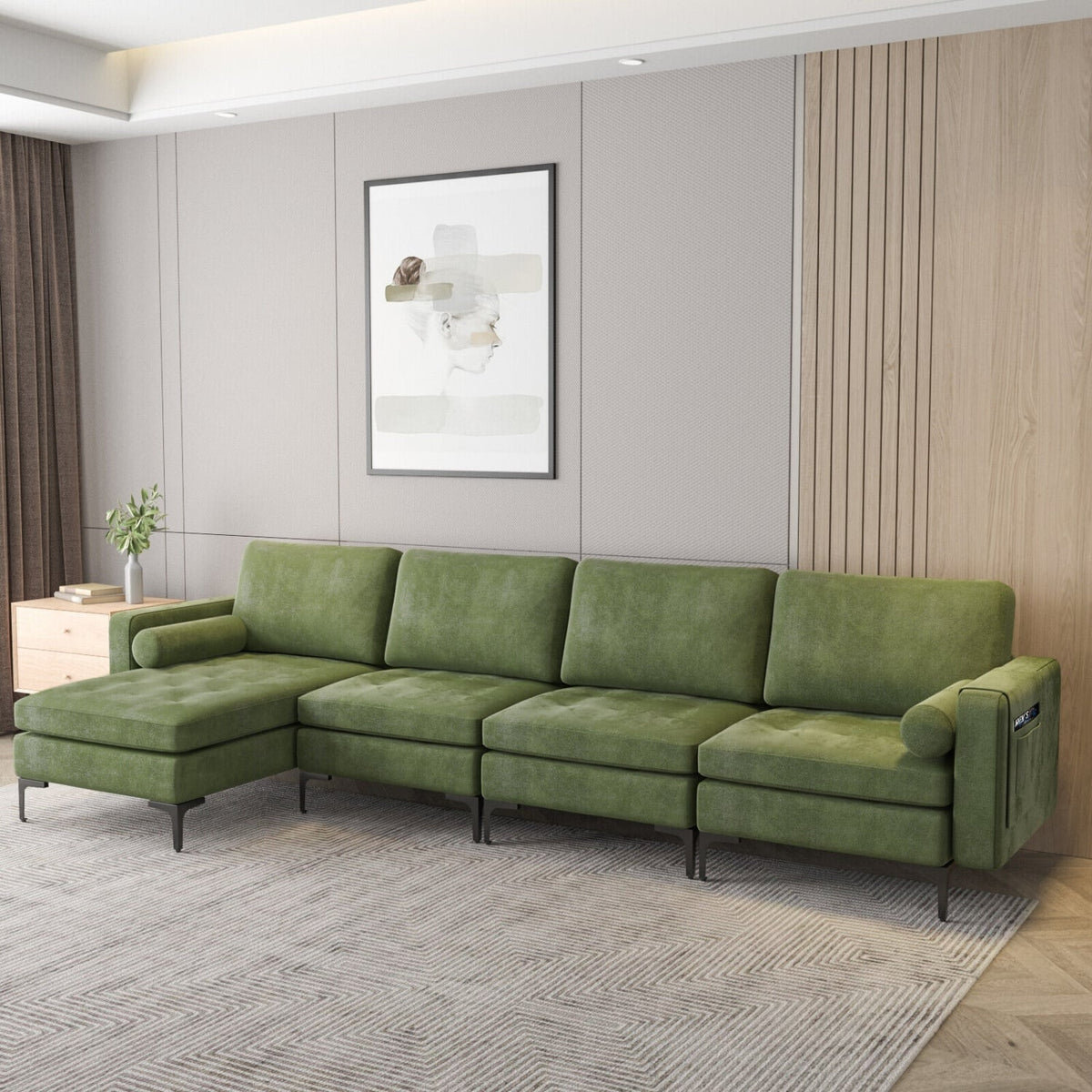 4-Seat L-Shaped Modular Sectional Sofa - Army Green Suede USB-Sofas & Loveseats-DECOROLALA